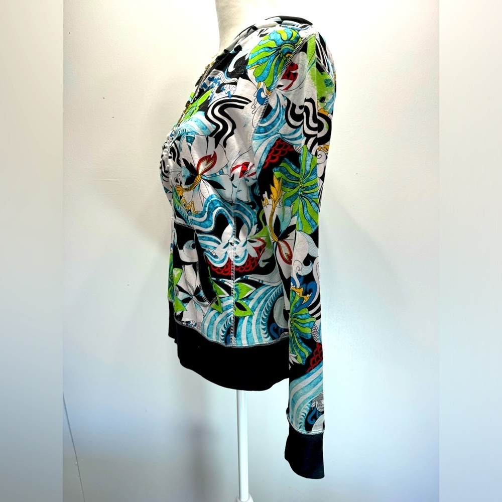 One World Special Issue Y2K 100% Cotton Bold Colorful Floral Print Zip Up Hoodie - Picture 7 of 11
